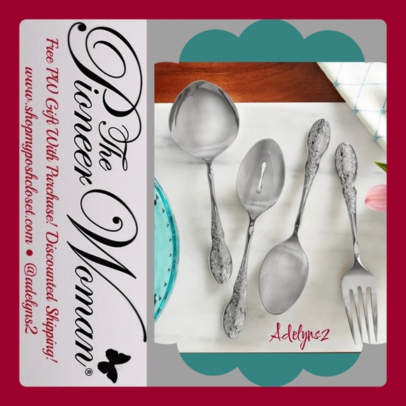 🌺 New Pioneer Woman Mazie 4-Piece Serve Utensils Set, Silver Design - Picture 1 of 6